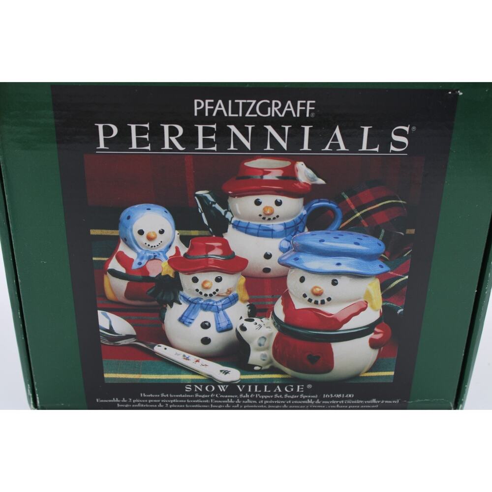 Pfaltzgraff Perennials Snow Village Creamer Sugar Salt Pepper Spoon Snowman Set